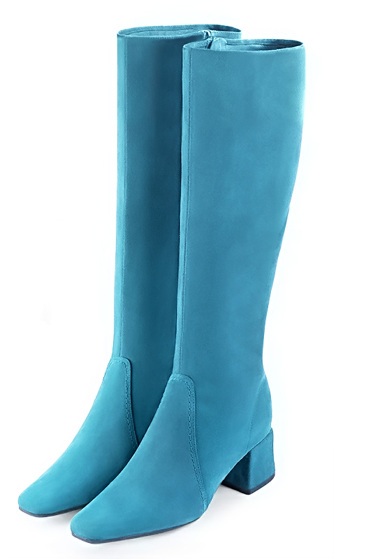 Turquoise blue women's feminine knee-high boots. Square toe. Medium block heels. Made to measure. Front view - Florence KOOIJMAN